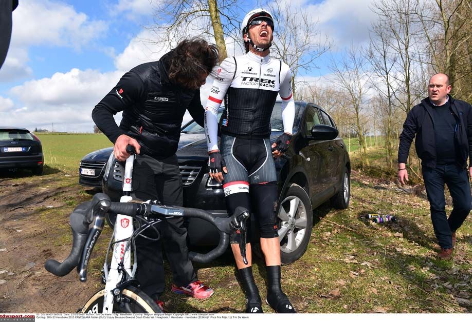 Fabian Cancellara in obvious pain after crashing at E3 Harelbeke