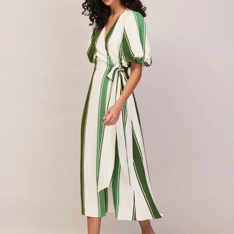 Ro&amp;amp;Zo, Green Stripe Linen Blend Wrap Dress