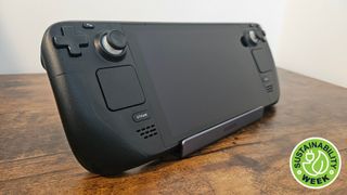 A Steam Deck stood up in a dock