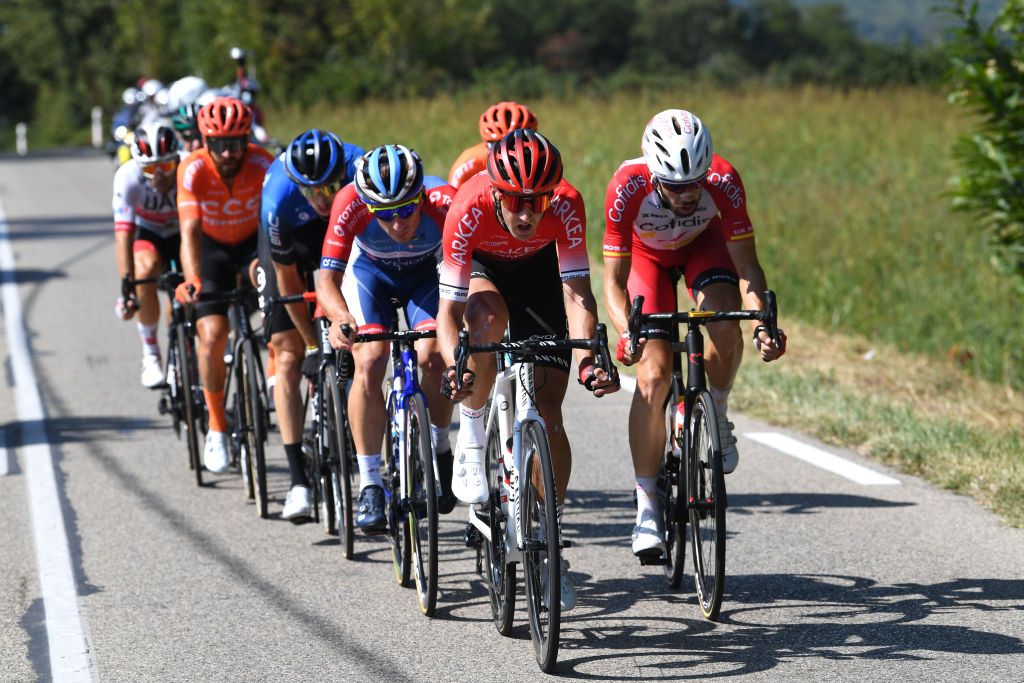 GRAND COLOMBIER FRANCE SEPTEMBER 13 Niccolo Bonifazio of Italy and Team Total Direct Energie Kevin Ledanois of France and Team Arkea Samsic Jesus Herrada Lopez of Spain and Team Cofidis Solutions Credits Breakaway during the 107th Tour de France 2020 Stage 15 a 1745km stage from Lyon to Grand Colombier 1501m TDF2020 LeTour on September 13 2020 in Grand Colombier France Photo by Tim de WaeleGetty Images