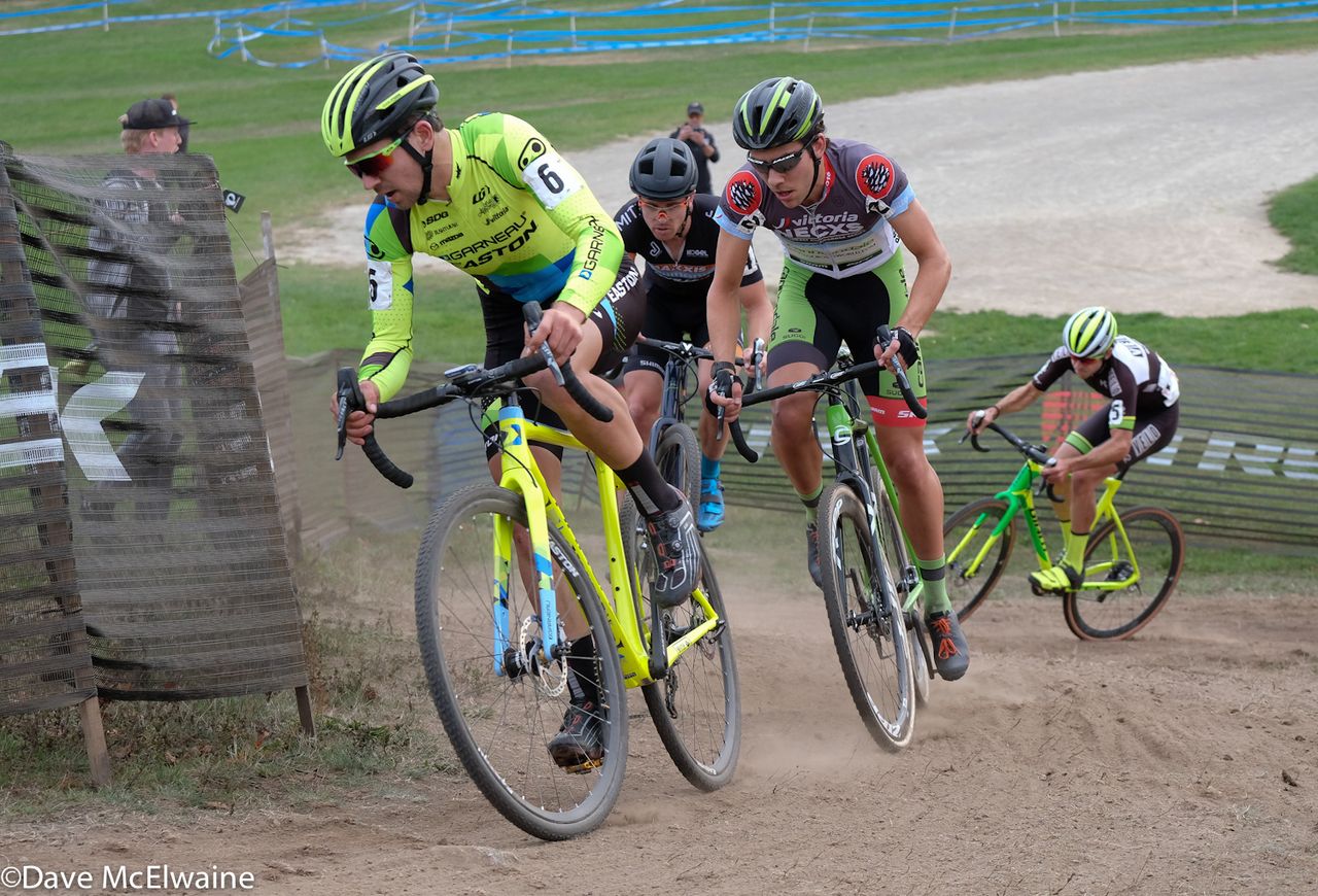 Michale Van Den Ham (Garneau Easton) leading on an uphill section of the course with Curtis White and Danny Summerhill close behind.
