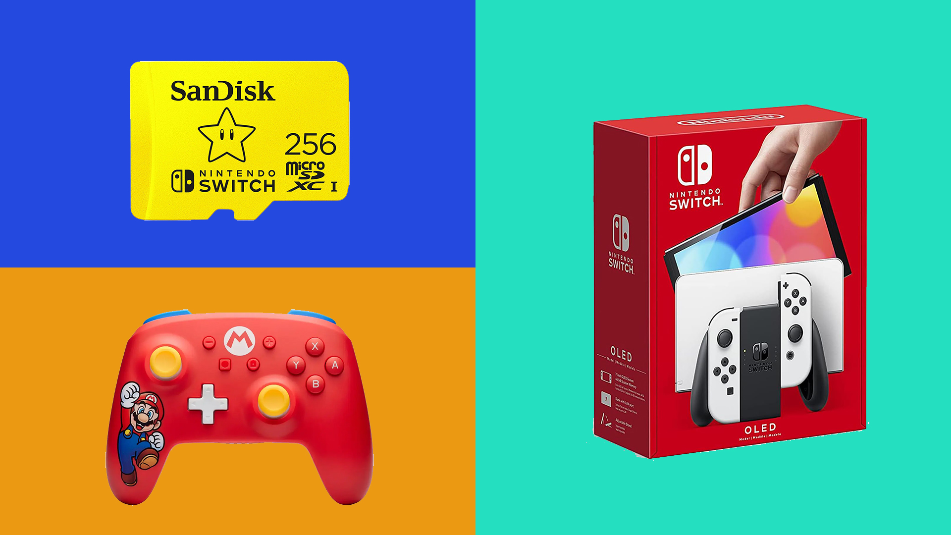 three Nintendo Switch products on bright background including a Switch OLED a controller and a SD card