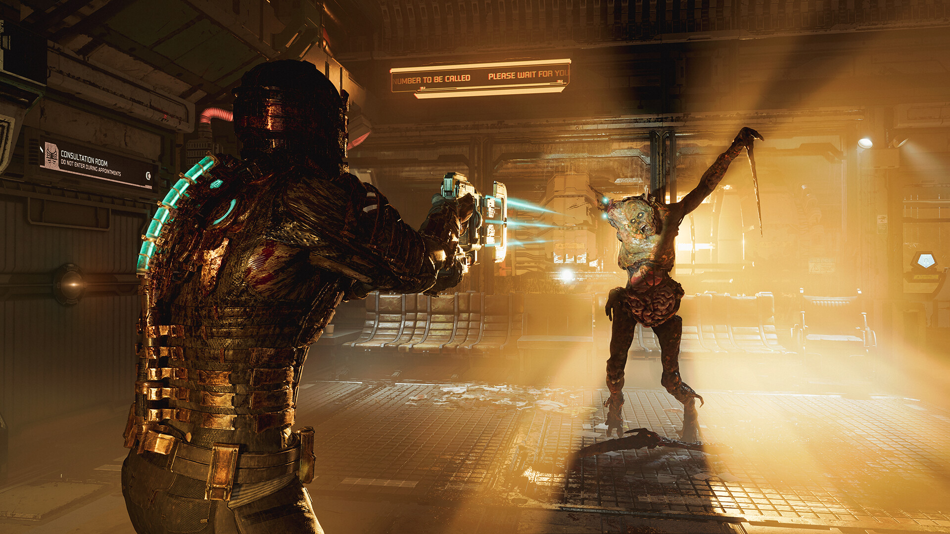 Isaac Clarke pointing a weapon at an enemy during Dead Space