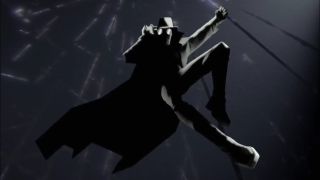 Spider-Man Noir tips his hat as he hangs from a thread in Spider-Man: Across the Spider-Verse