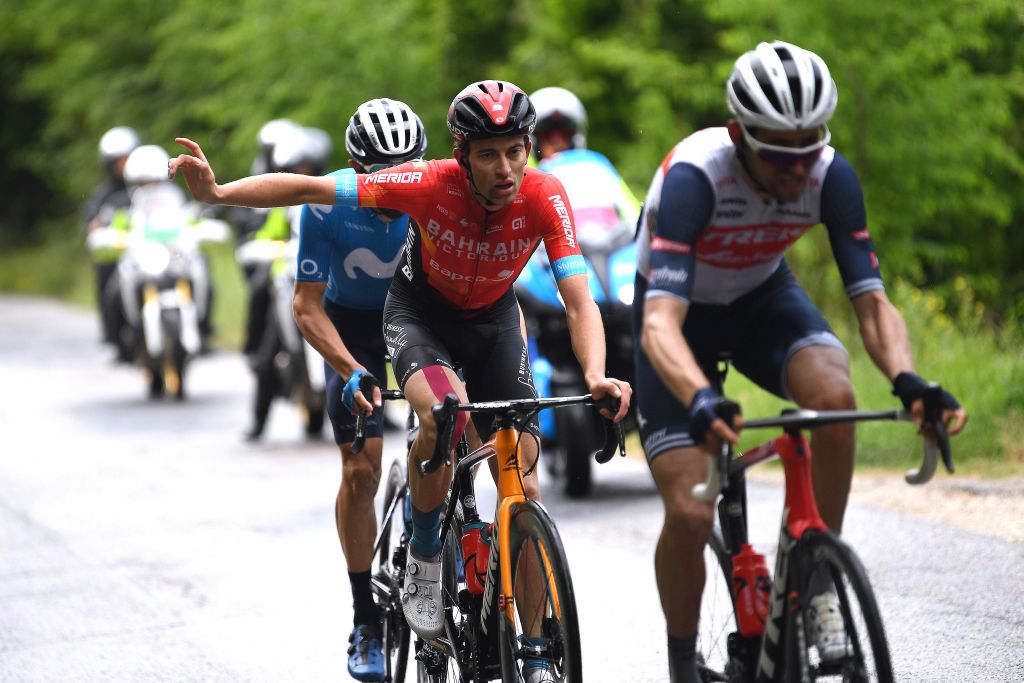 ASCOLI PICENO SAN GIACOMO ITALY MAY 13 Mechanical Problem of Gino Mader of Switzerland and Team Bahrain Victorious in the Breakaway during the 104th Giro dItalia 2021 Stage 6 a 160km stage from Grotte di Frasassi to Ascoli Piceno San Giacomo 1090m girodiitalia Giro UCIworldtour on May 13 2021 in Ascoli Piceno San Giacomo Italy Photo by Tim de WaeleGetty Images