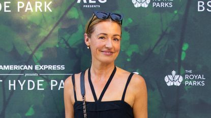 Cat Deeley is pictured with her hair up and sunglasses on her head at BST Hyde Park 2026 at Hyde Park on July 12, 2026 in London, England.