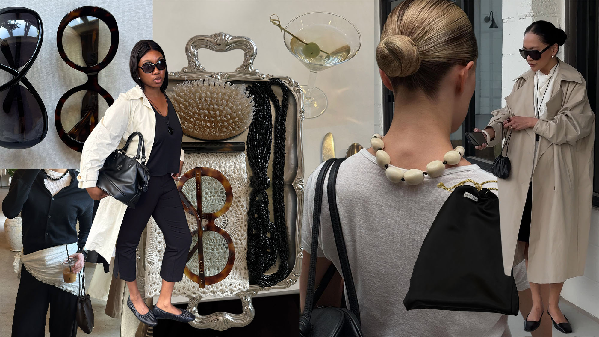 Collage of rich-looking accessories trends and women wearing neutral outfits.