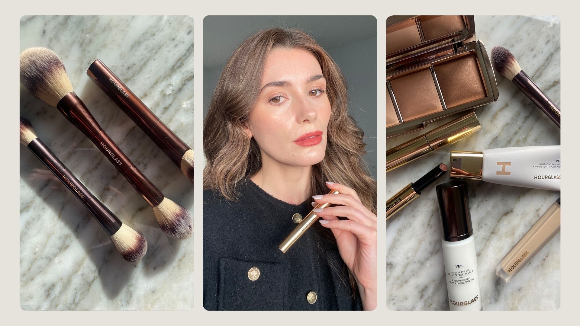 A collage of Hourglass makeup products and a selfie of beauty editor Eleanor Vousden