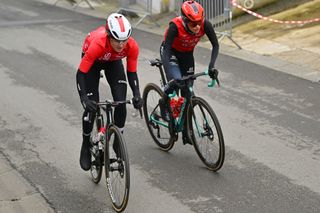 Spela Kern of Slovenia and Cofidis Women Team and Titia Ryo of France and Team Arkea - B&B Hotels Women compete during the 8th Liege - Bastogne - Liege Femmes 2024 a 152.9km one day race