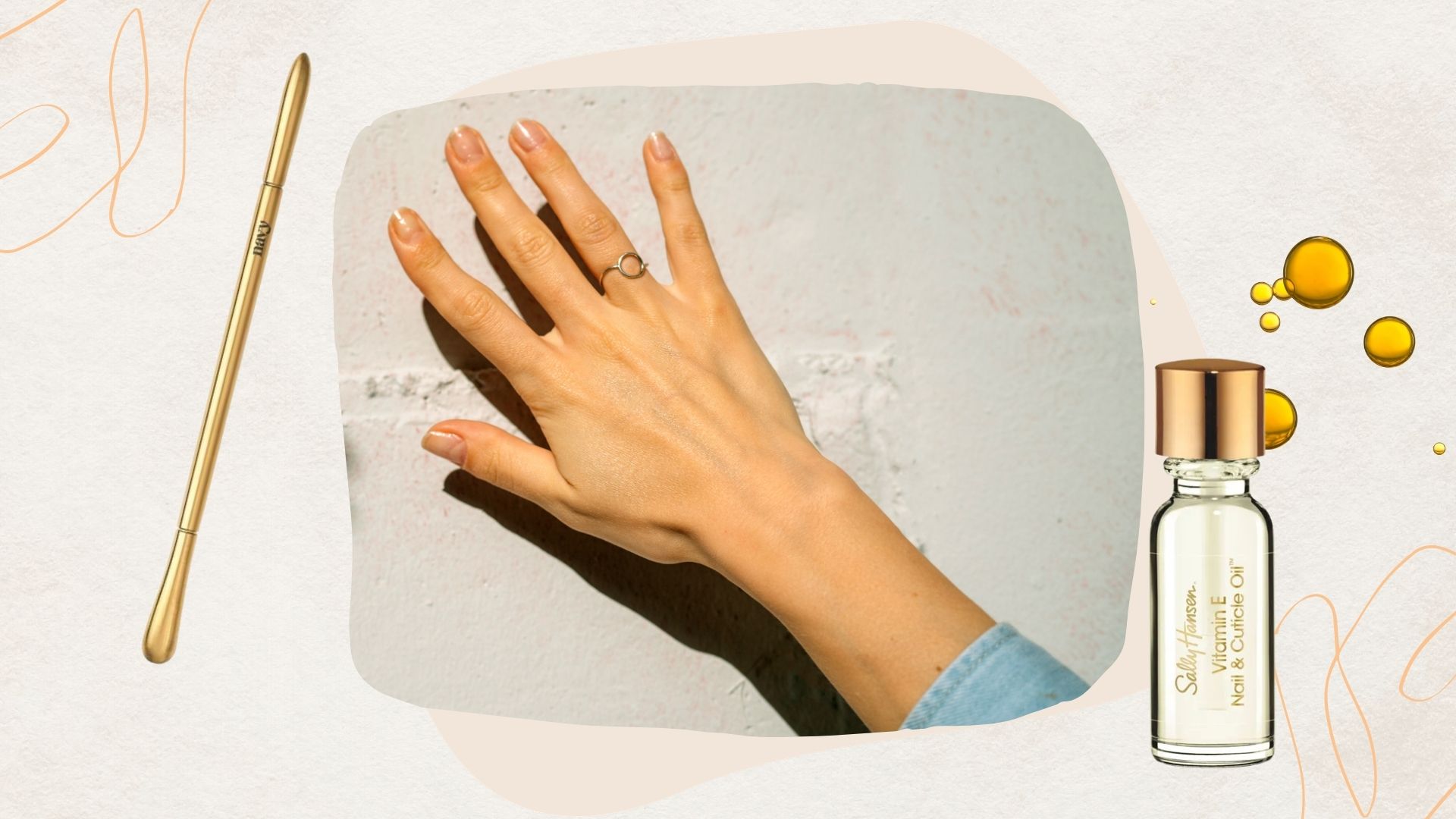 A close-up picture of a hand with bare, healthy-looking nails, alongside the Navy Professional nail cuticle pusher and the Sally Hansen cuticle oil/ on a white and grey marble-effect template