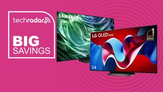 LG C4 OLED and Samsung S90D on pink background with TechRadar branding