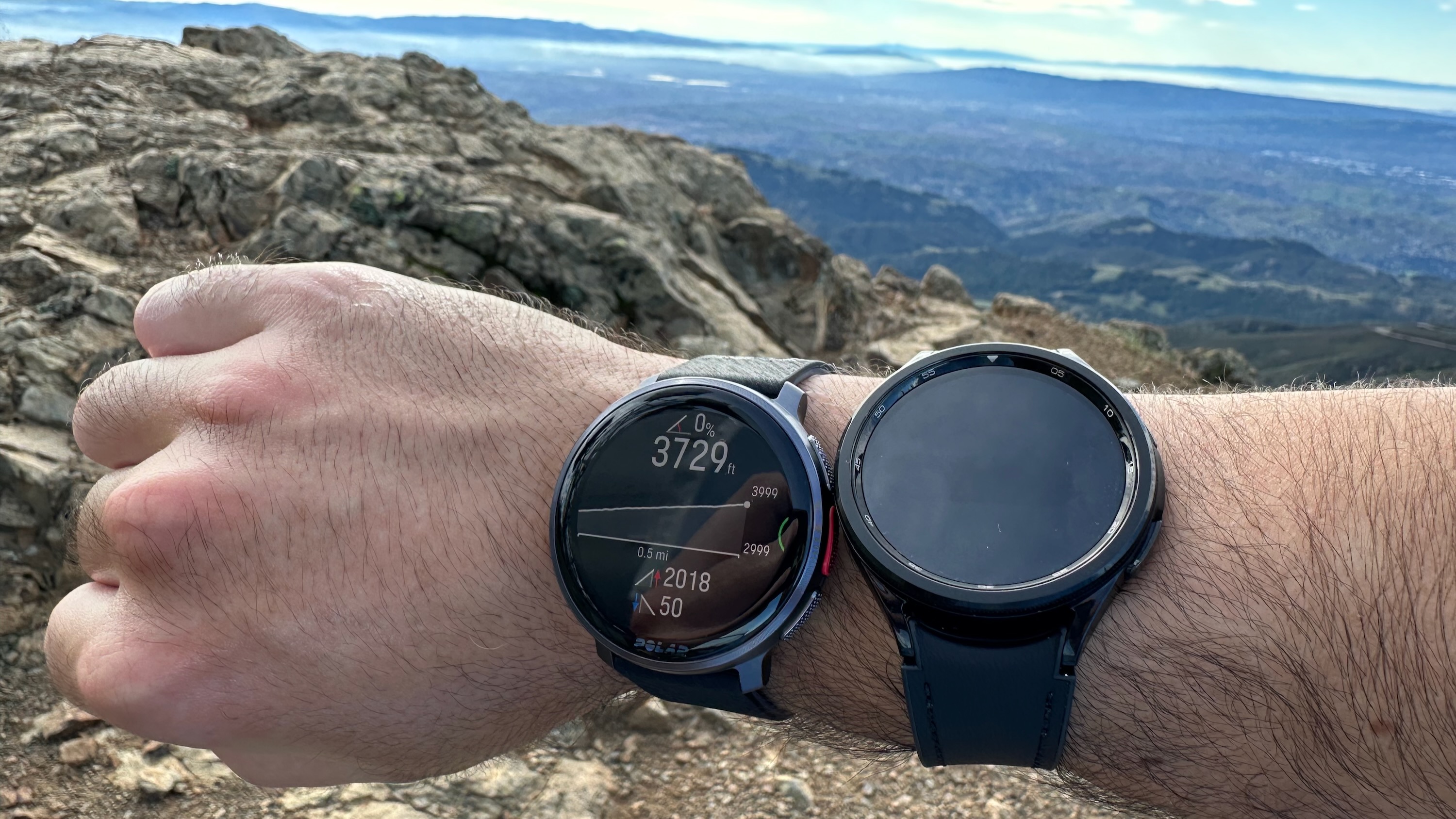 The Polar Vantage V3 and Galaxy Watch 6 Classic worn near the summit of Mount Diablo.