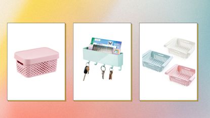 Items used for TikTok Home hacks, including a bin, mail holder and drawers on a pastel background