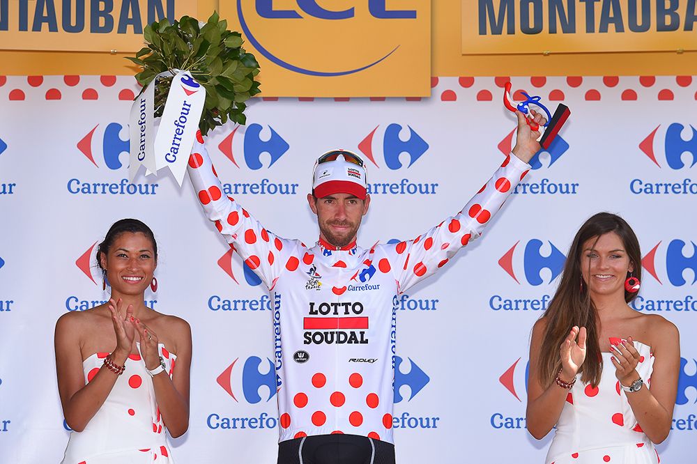 Thomas de Gendt in the polka dot jersey after stage 6