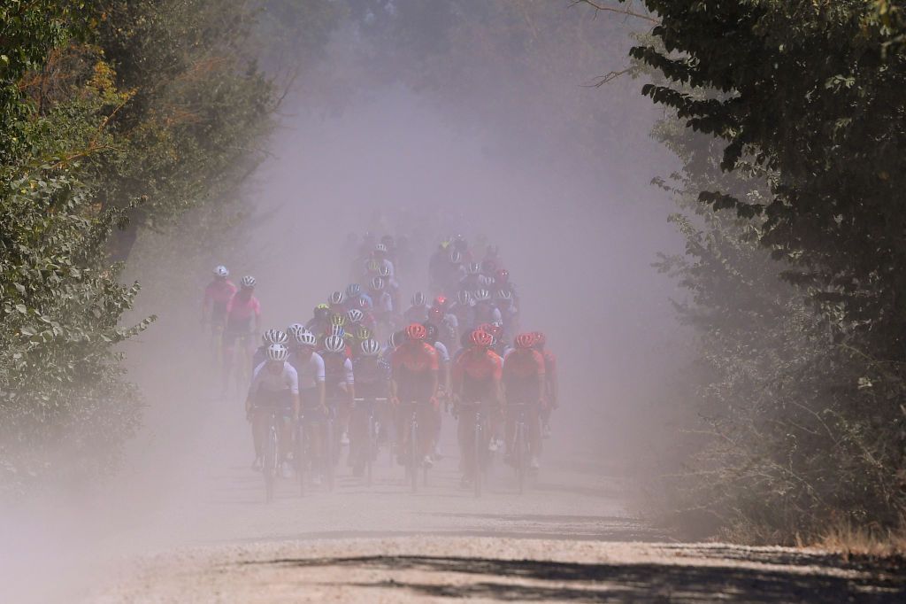SIENA ITALY AUGUST 01 Elise Chabbey of Switzerlandand Team Equipe Paule Ka Soraya Paladin of Italy and Team CCCLiv Jeanne Korevaar of The Netherlands and Team CCCLiv Lisa Brennauer of Germany and Ceratizit WNT Pro Cycling Team Marianne Vos of The Netherlands and Team CCCLiv Dust during the Eroica 6th Strade Bianche 2020 Women Elite a 136km race from Siena to Siena Piazza del Campo StradeBianche on August 01 2020 in Siena Italy Photo by Luc ClaessenGetty Images