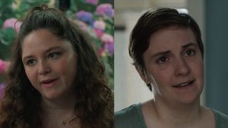 Meg Stalter in Too Much and Lena Dunham in Girls side by side