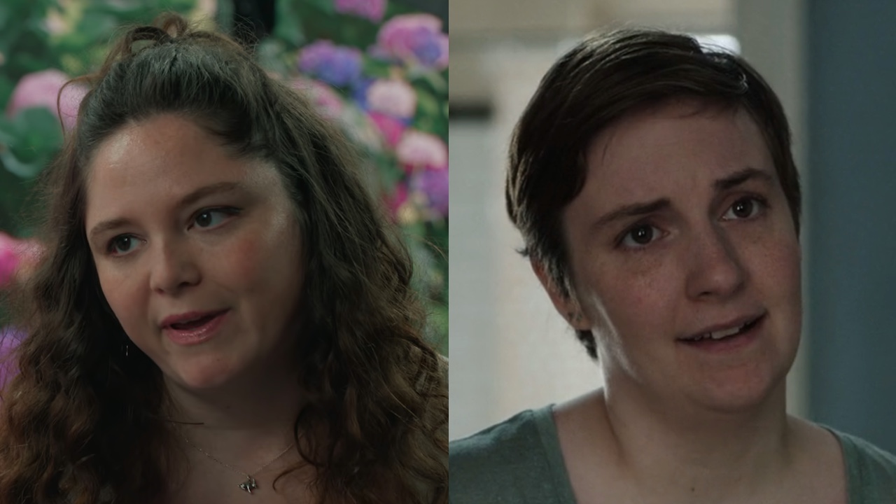 Meg Stalter in Too Much and Lena Dunham in Girls side by side 