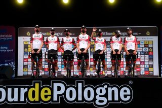 Marco Marcato (center) with UAE Team Emirates teammates at team presentation of Tour de Pologne in his final pro race