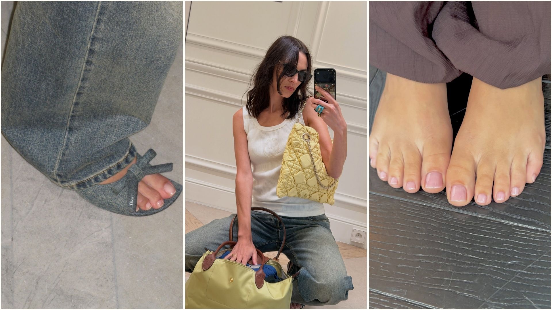Alexa Chung taking a mirror selfie, and photos of feet with a bare French pedicure 