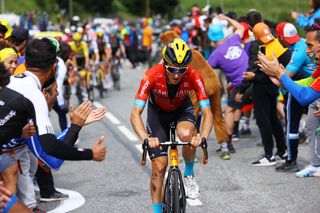 SAINTLARYSOULAN COL DU PORTET FRANCE JULY 14 Pello Bilbao of Spain and Team Bahrain Victorious during the 108th Tour de France 2021 Stage 17 a 1784km stage from Muret to SaintLarySoulan Col du Portet 2215m Fans Public LeTour TDF2021 on July 14 2021 in SaintLarySoulan Col du Portet France Photo by Tim de WaeleGetty Images