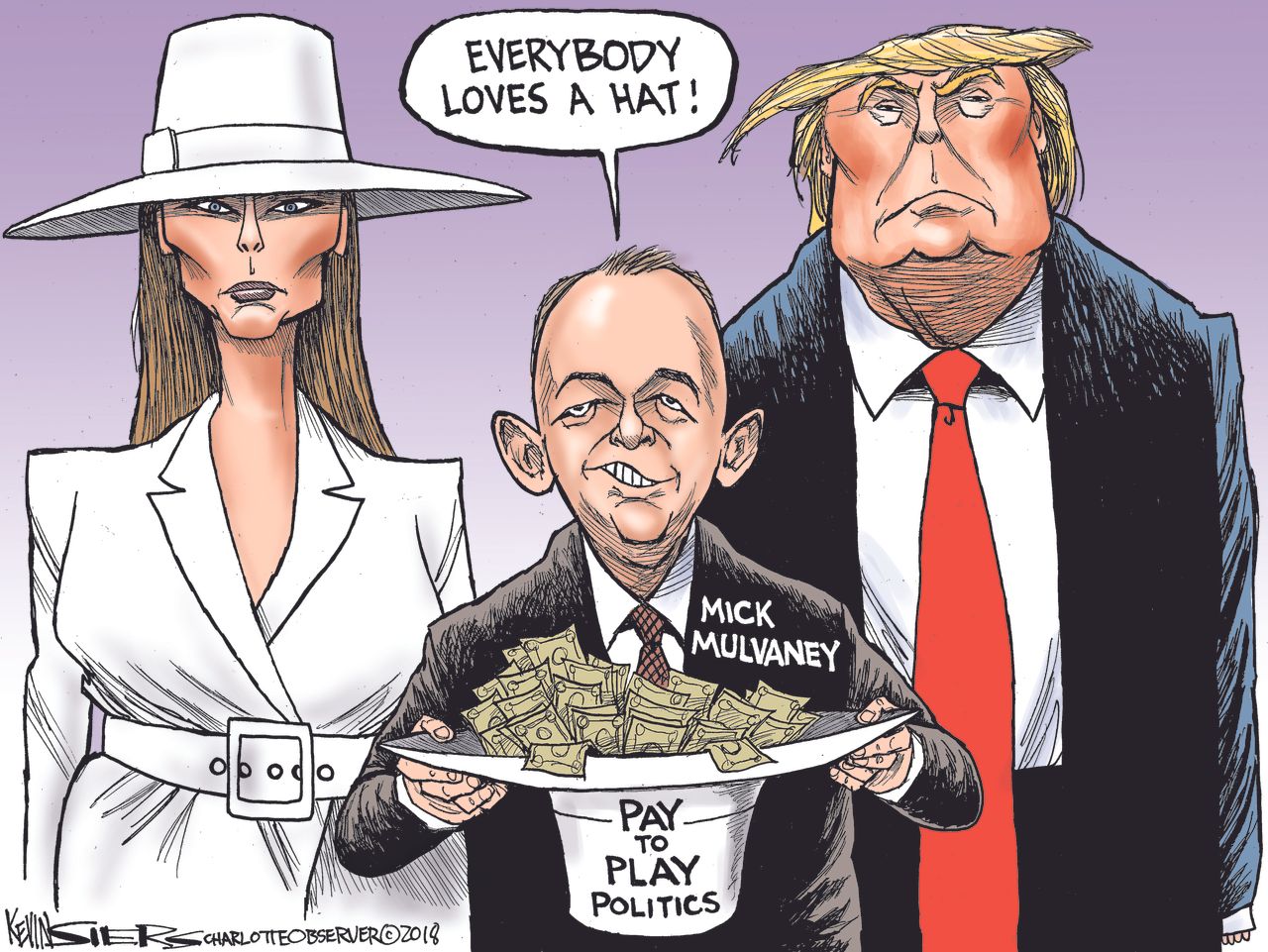 Political cartoon U.S. Trump Melania white hat Mick Mulvaney pay to play politics