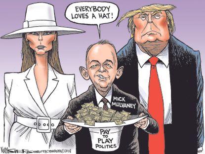 Political cartoon U.S. Trump Melania white hat Mick Mulvaney pay to play politics