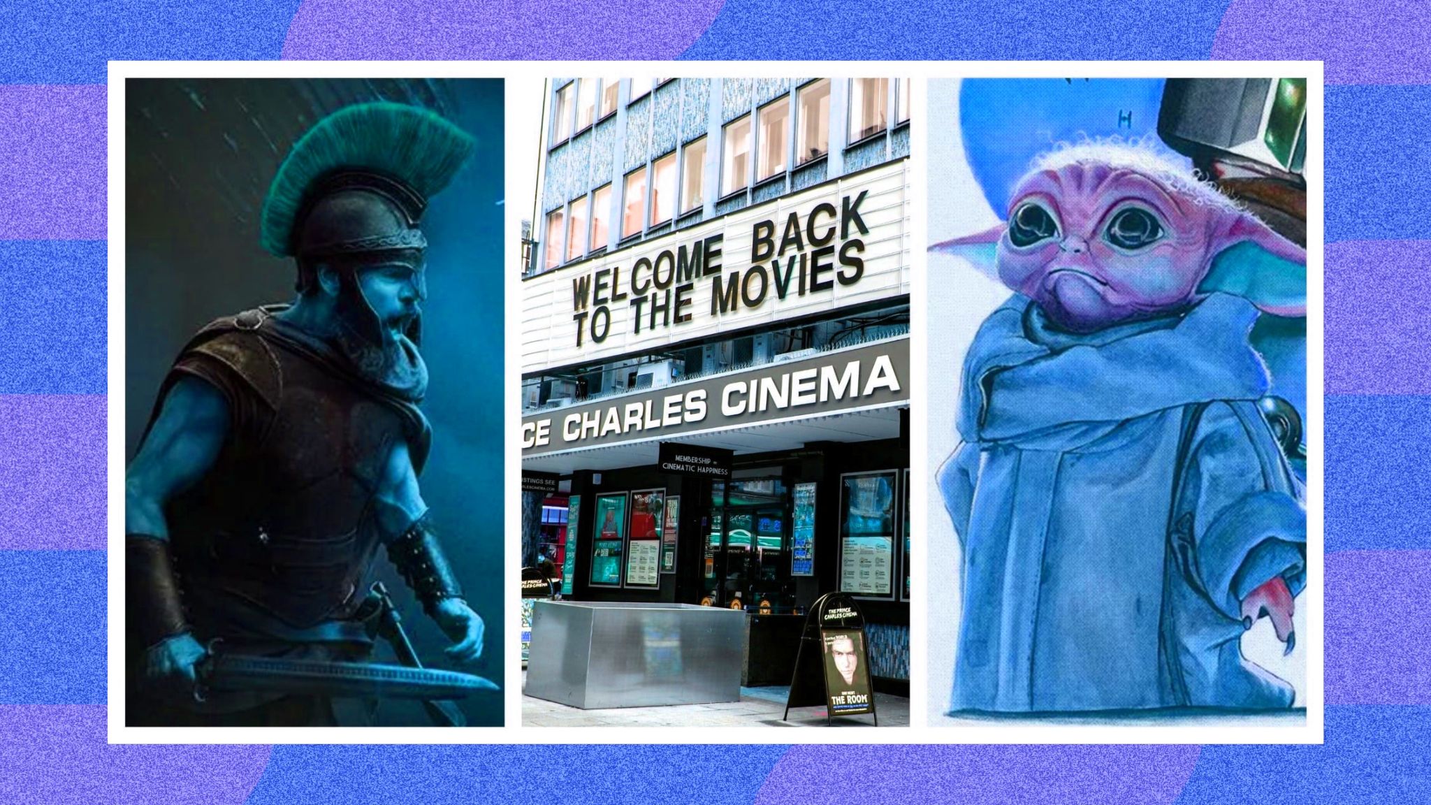 The Prince Charles Cinema flanked by upcoming movie posters