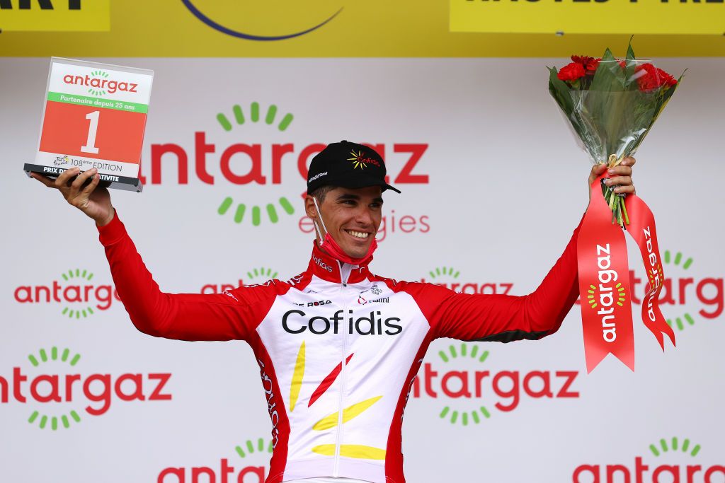 SAINTLARYSOULAN COL DU PORTET FRANCE JULY 14 Anthony Perez of France and Team Cofidis Most Combative rider celebrates at podium during the 108th Tour de France 2021 Stage 17 a 1784km stage from Muret to SaintLarySoulan Col du Portet 2215m LeTour TDF2021 on July 14 2021 in SaintLarySoulan Col du Portet France Photo by Michael SteeleGetty Images