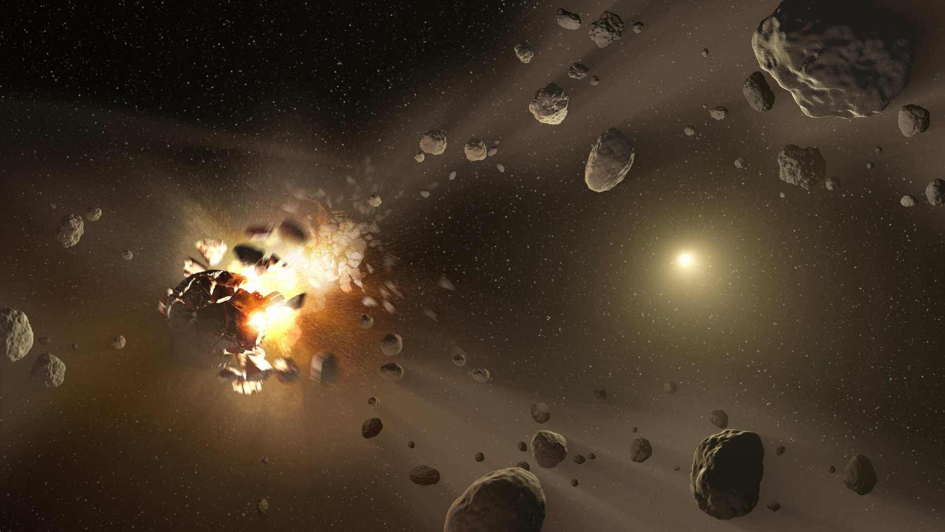 An artist's impression of an asteroid fragmenting into multiple chunks. The chunks come from a glowing light to the left of the image