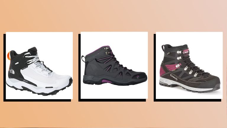 three of the best womens walking shoes on peach background