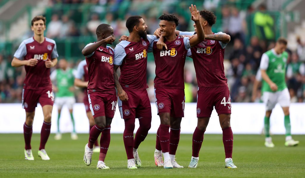 Aston Villa vs Burnley live stream Ollie Watkins of Aston Villa celebrates his third goal during the UEFA Conference League Qualifying Play-Offs first leg match between Hibernian and Aston Villa at Easter Road on August 23, 2023 in Edinburgh, Scotland. (Photo by Neville Williams/Aston Villa FC via Getty Images)