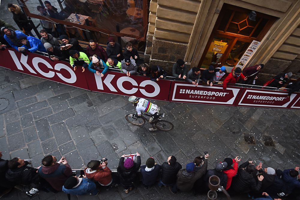 Peter Sagan makes his way to the finish in of Strade Bianche Siena