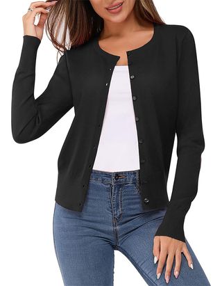 Newshows Women's 2024 Fall Fashion Cardigan Sweater Lightweight Business Work Vacation Casual Teacher Long Sleeve Cotton Crew Neck Soft Knit Shrug Dressy Outfits Clothing(black,medium)