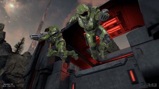 Halo Infinite co-op two Master Chiefs jumping