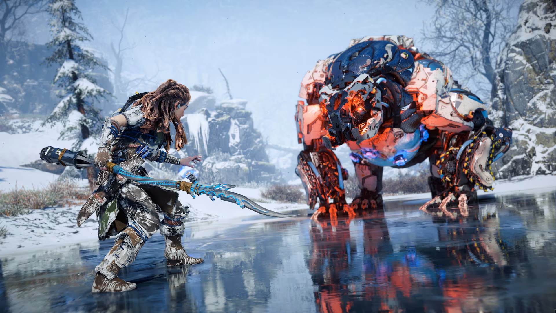 In Horizon Zero Dawn Remastered on PS5, Aloy faces down a machine that resembles a bear-like dinosaur