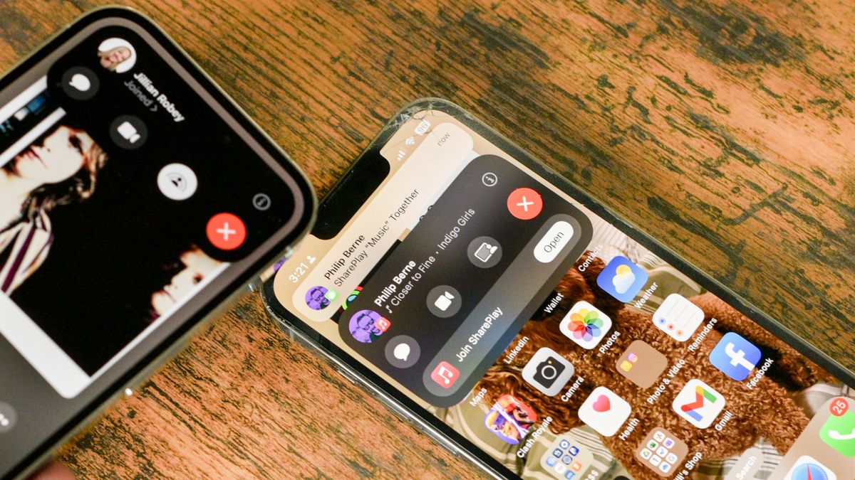 Two iPhones sharing music using SharePlay on iOS 17 song is &quot;CLoser to Fine&quot; by Indigo Girls