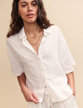 White Linen-Blend Short Sleeve Shirt