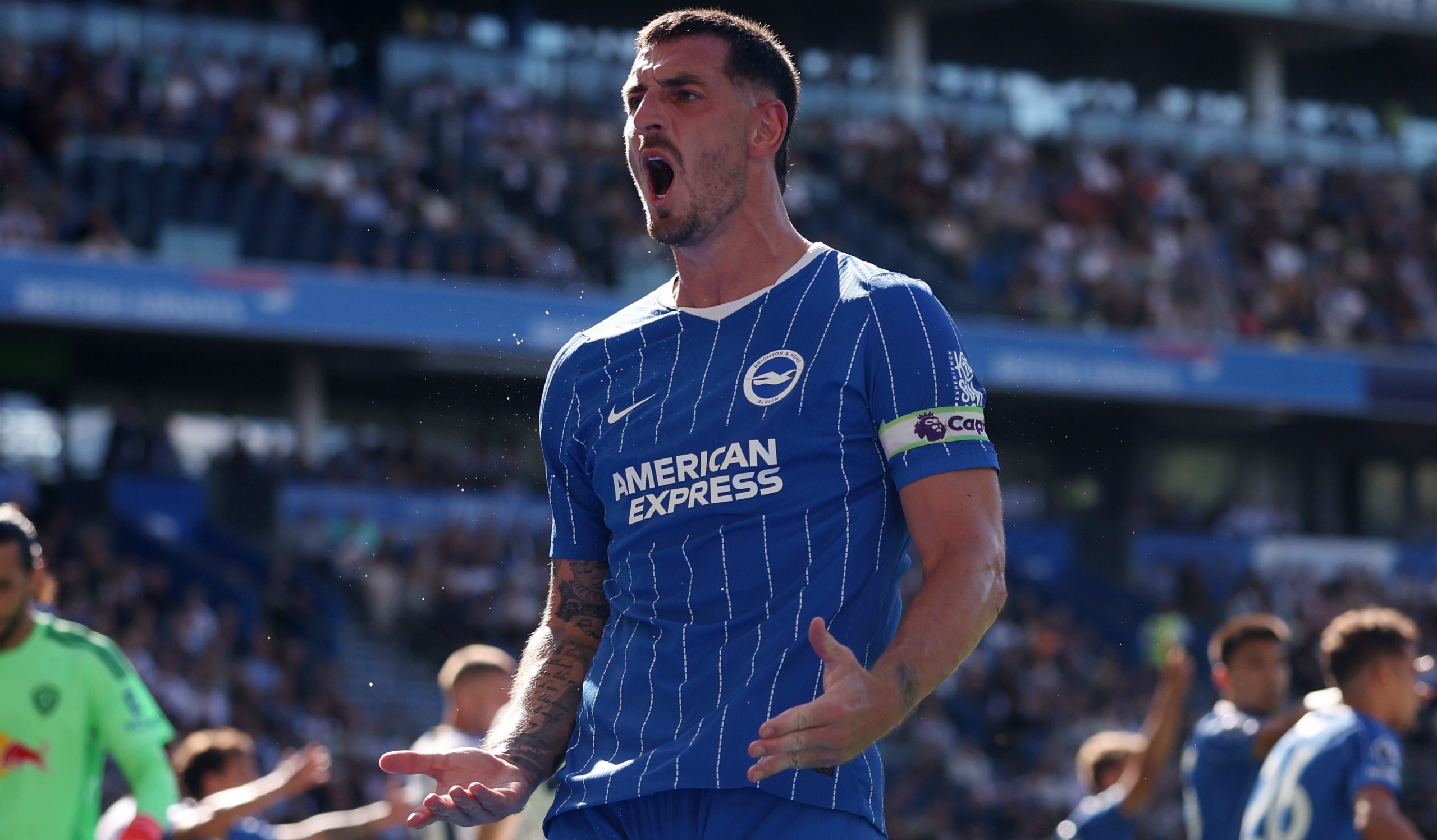Lewis Dunk of Brighton &amp; Hove Albion reacts after a missed chance during the Premier League 2026/27 match against Leeds United at American Express Stadium on September 05, 2026 in Brighton, England