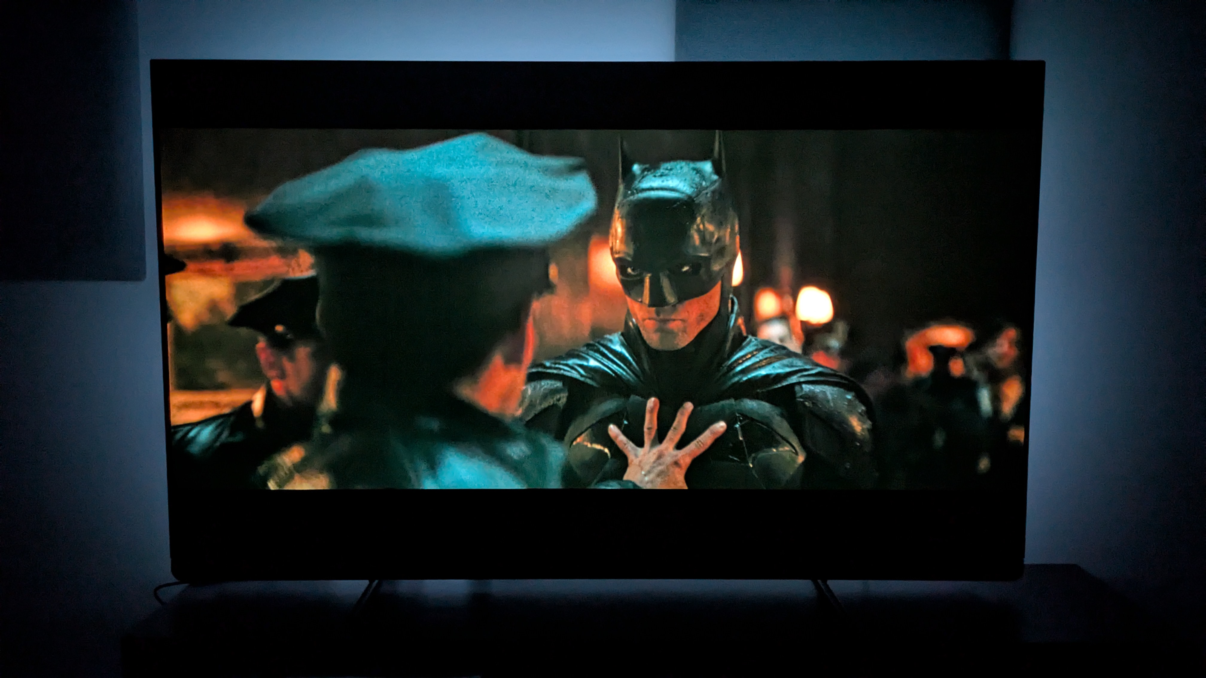 Philips OLED910 with a scene from The Batman on screen