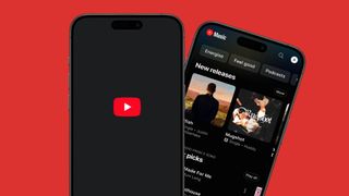 Two iPhones showieng the YouTube logo and the YouTube Music hompage 
