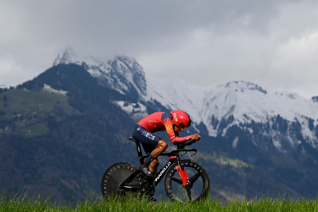 PORTVALAIS SWITZERLAND APRIL 25 Egan Bernal of Colombia and Team INEOS Grenadiers sprints during the 76th Tour De Romandie 2023 Prologue a 682km stage from PortValais to PortValais UCIWT on April 25 2023 in PortValais Switzerland Photo by Dario BelingheriGetty Images