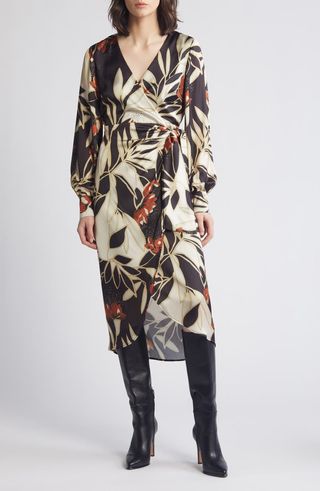 Protea Long Sleeve Satin Wrap Dress