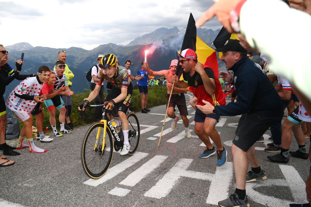 SERRE CHEVALIER FRANCE JULY 13 Jonas Vingegaard Rasmussen of Denmark and Team Jumbo Visma competes in the breakaway while fans cheer during the 109th Tour de France 2022 Stage 11 a 1517km stage from Albertville to Col de Granon Serre Chevalier 2404m TDF2022 WorldTour on July 13 2022 in Col de GranonSerre Chevalier France Photo by Alex BroadwayGetty Images