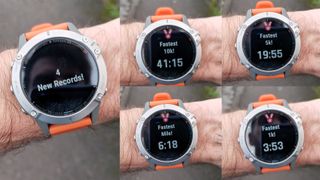 a collage of new PB times on running smartwatch