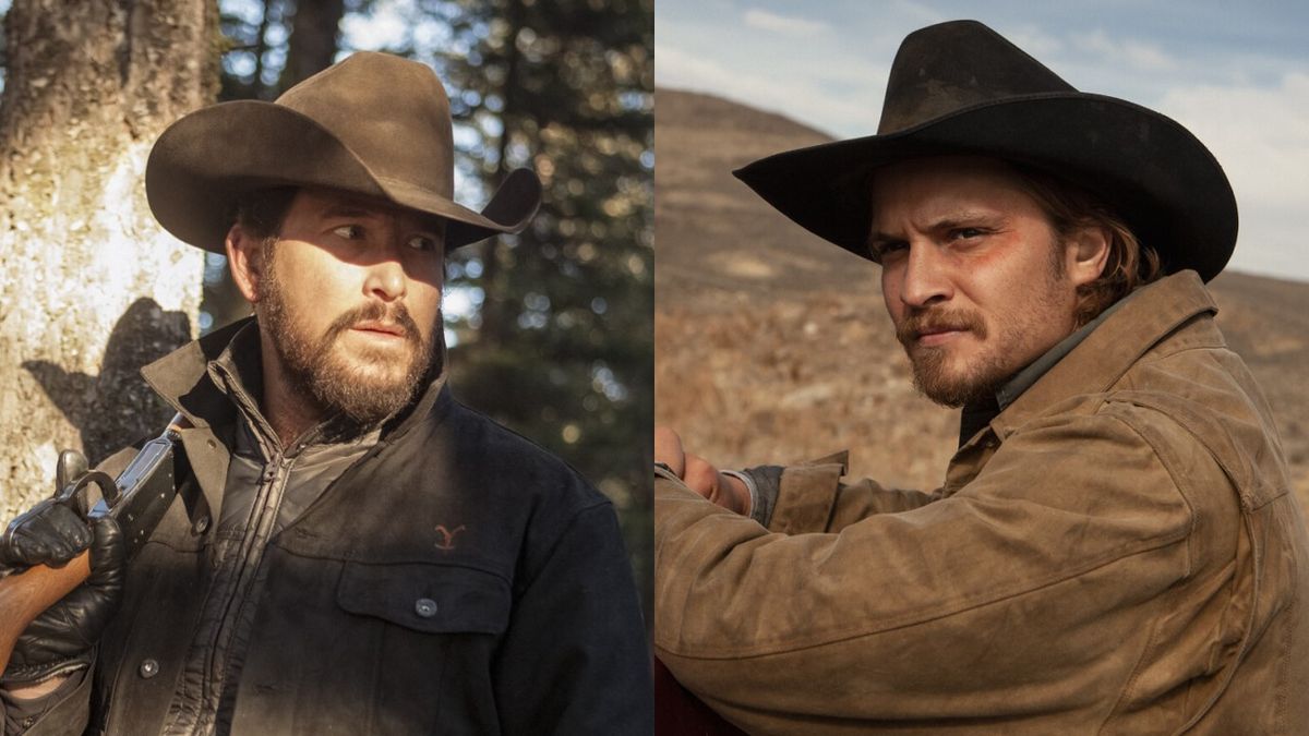 Rip holding rifle and Kayce in cowboy hat on Yellowstone