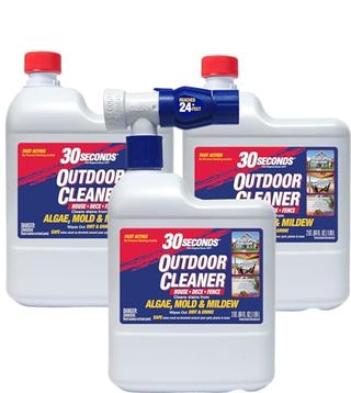 Three grey plastic containers of outdoor cleaning products with blue and red levels and red caps