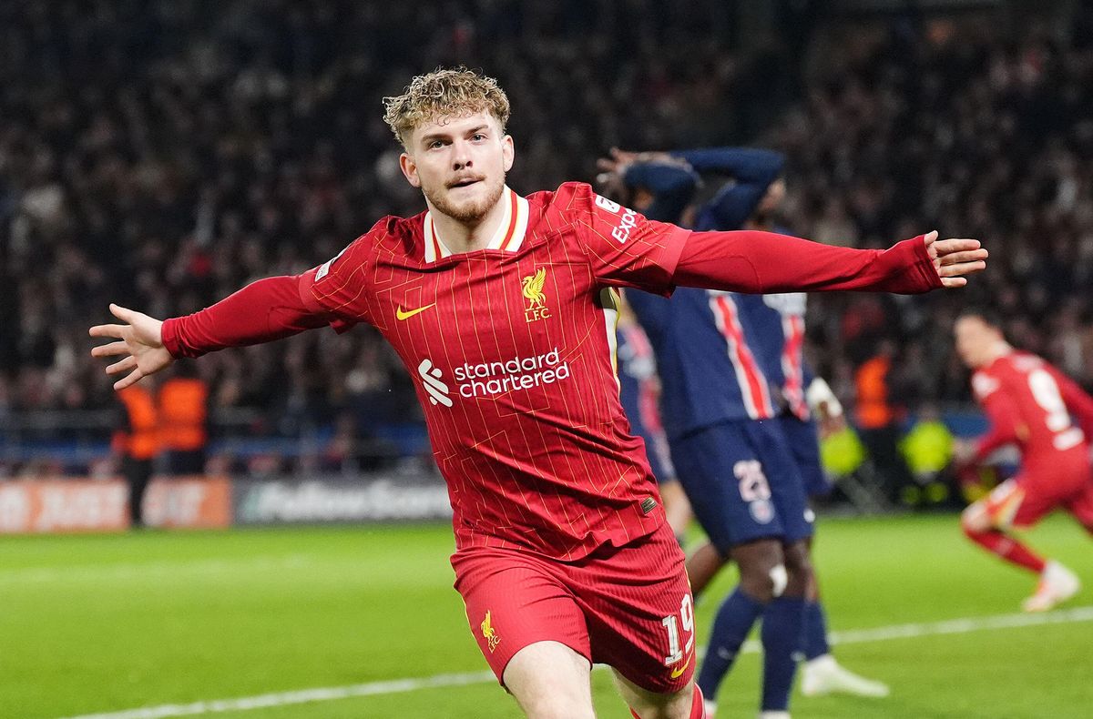 Harvey Elliott celebrates with his arms outstretched after scoring the winning goal for Liverpool against PSG in the Champions League last 16 first leg match at the Parc des Princes in Paris on 5 March, 2025