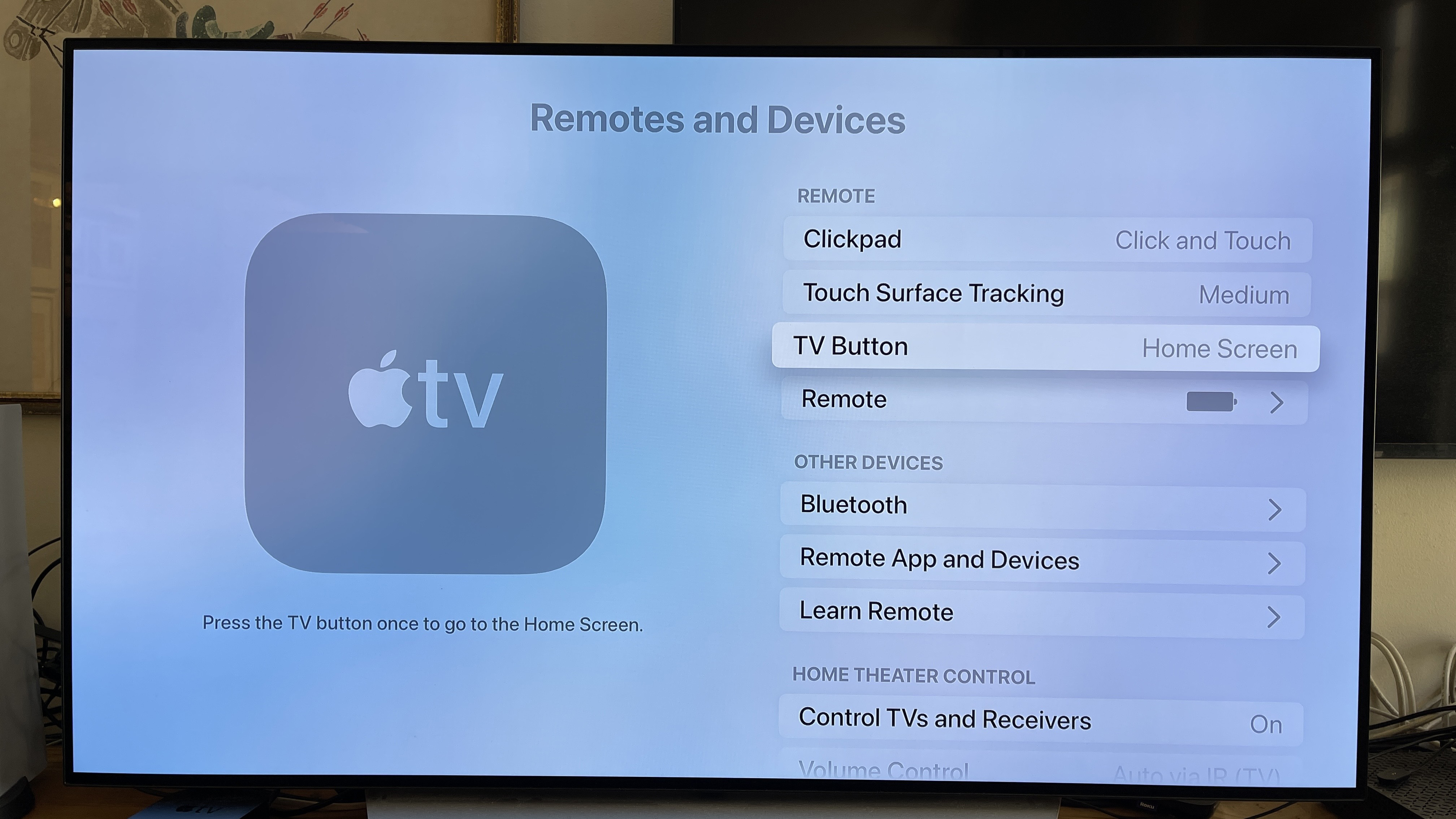 The Apple TV Remotes window in the Settings app