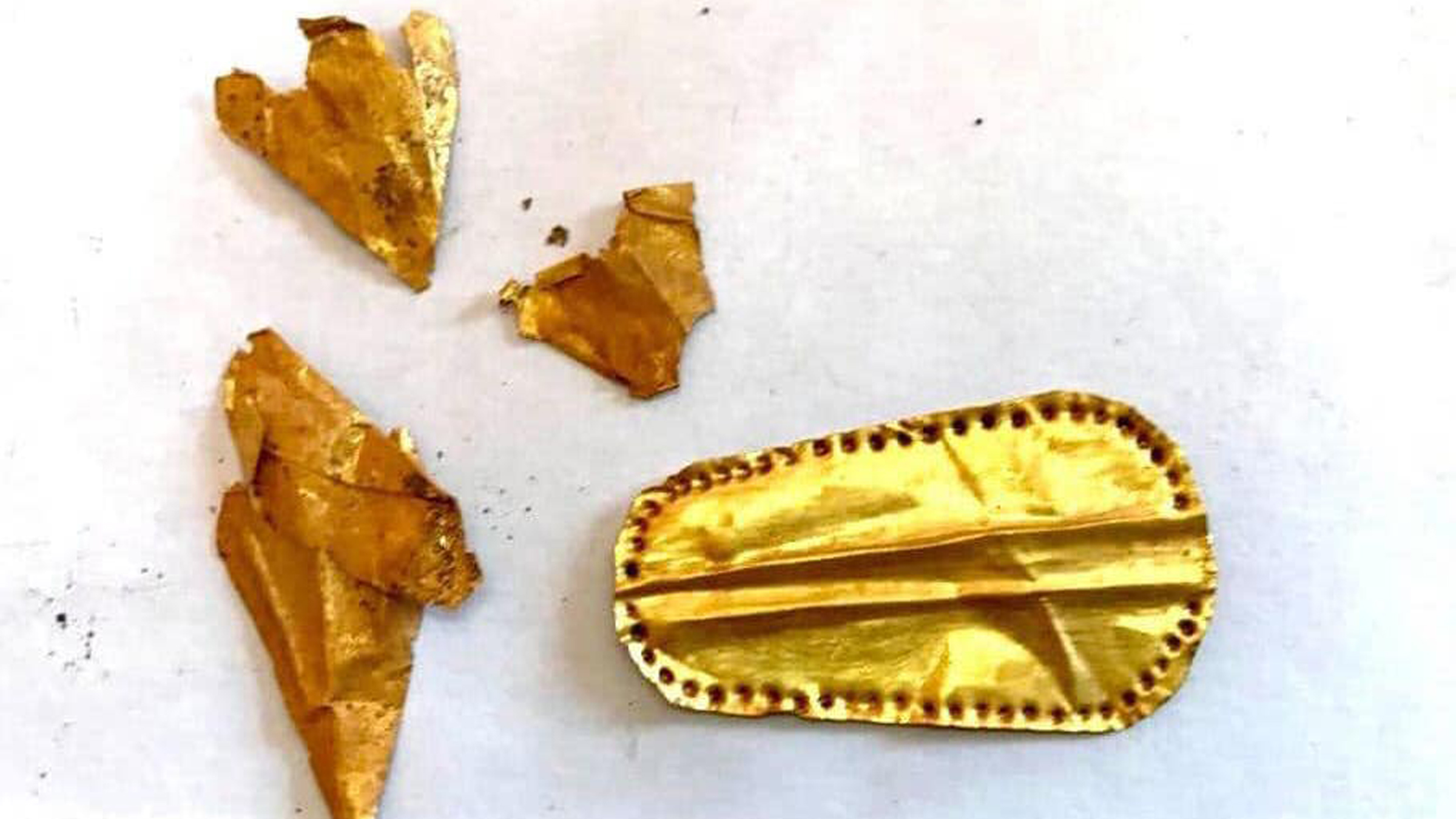 The remains of a gold tongue found on a mummy from ancient Egypt.