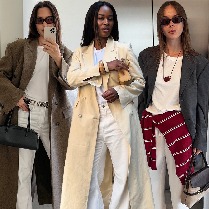 fashion collage of four European style influencers including Johanna Piispa, Marilyn Nwawulor-Kazemaks, Anna Newton, and Johanna Lager wearing chic fall 2025 outfits with white jeans